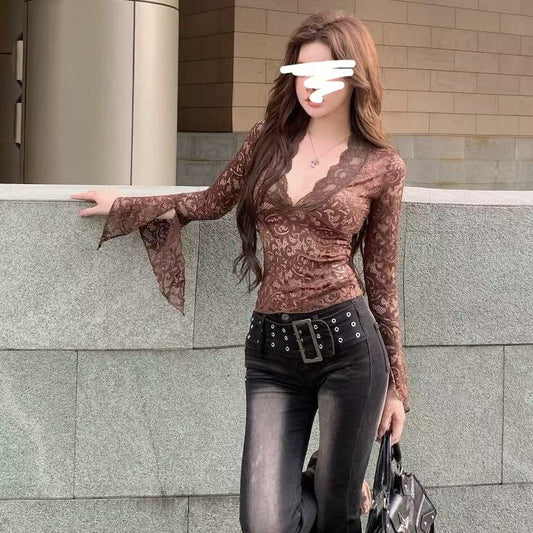Womens Retro Lace Sheer Patchwork Long-Sleeve T-Shirt