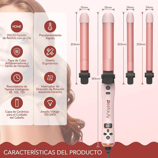 Bestauty Rizador De Pelo Automático Con 4 Barriles De Cerámica Intercambiables, Rizador Pelo De Calentamiento Rápido De 19-32 Mm Con Pantalla LED, 160-220°C Rosa