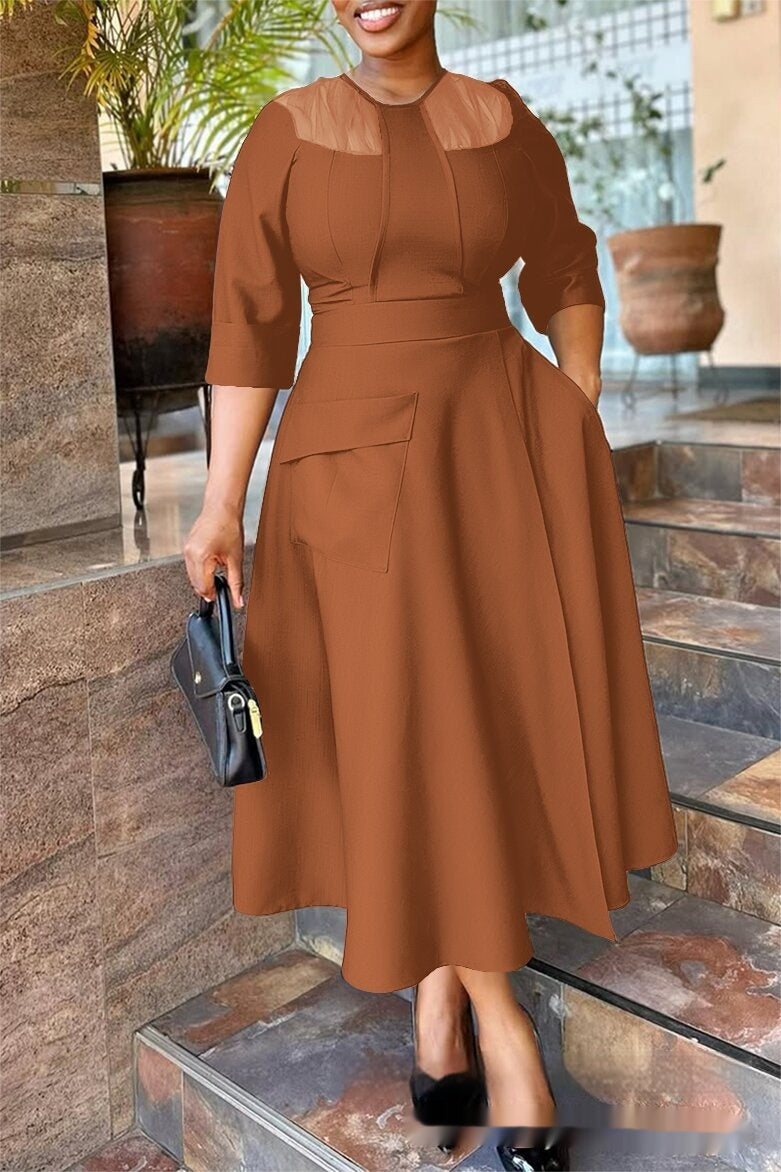 Womens Waist-Cinching Full-Skirted Solid-Color Dress