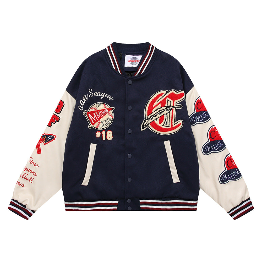 Color Contrast Patchwork PU Leather Sleeve Machine Embroidery Letter Baseball Uniform Jacket