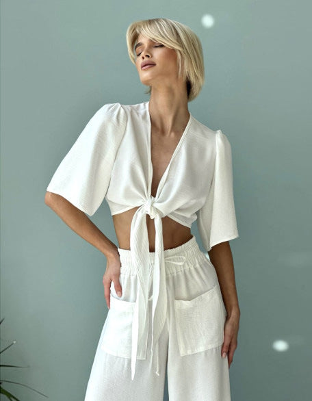 Fashionable Strappy Deep-V Top And Wide-Leg Pants Two-Piece Set
