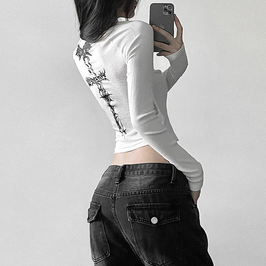 New Womens Fashion Long-sleeve Slim-fit Top With A Bold Print