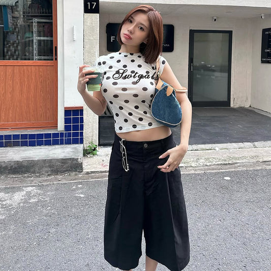 Womens Curvy Fit Base Shirt With A Scoop Neck Polka-Dot And Letter Print