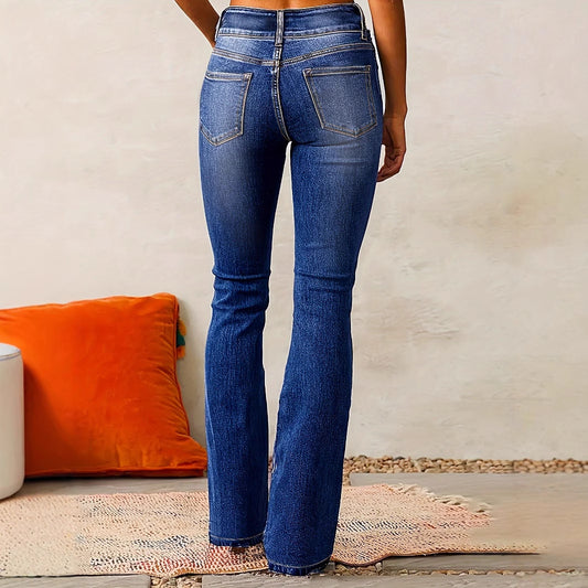 Skinny Flared Jeans med Lommer, Knap og Lynlås – Dame Slim Denim Bukser