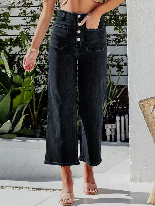 Retro Løse Lige Bukser Med Én Række Ornamenter, Høj Talje, Vide Ben, Jeans Til Kvinder
