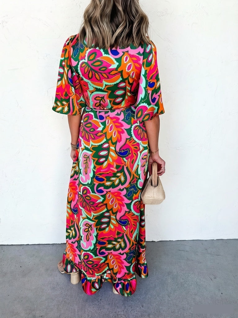 Womens Floral Peacock Lace-Up Swing Dress With Ruffled Hem
