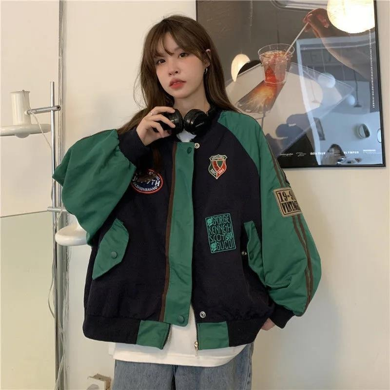 Women's Contrast Color Stitching Zipper Baseball Jacket