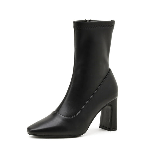 Women's But Knee Square Toe High-heeled High-tube Mid-tube Thick-heeled Short-tube Elastic Boots
