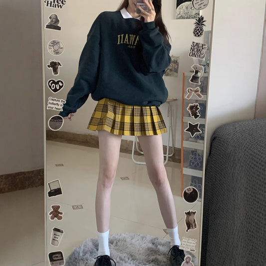 Yellow Plaid Short Skirt Plus Size Slim Skirt