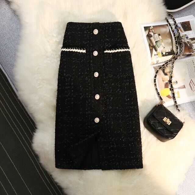 High Waist Slimming Breasted Pocket A- Line Slit Skirt