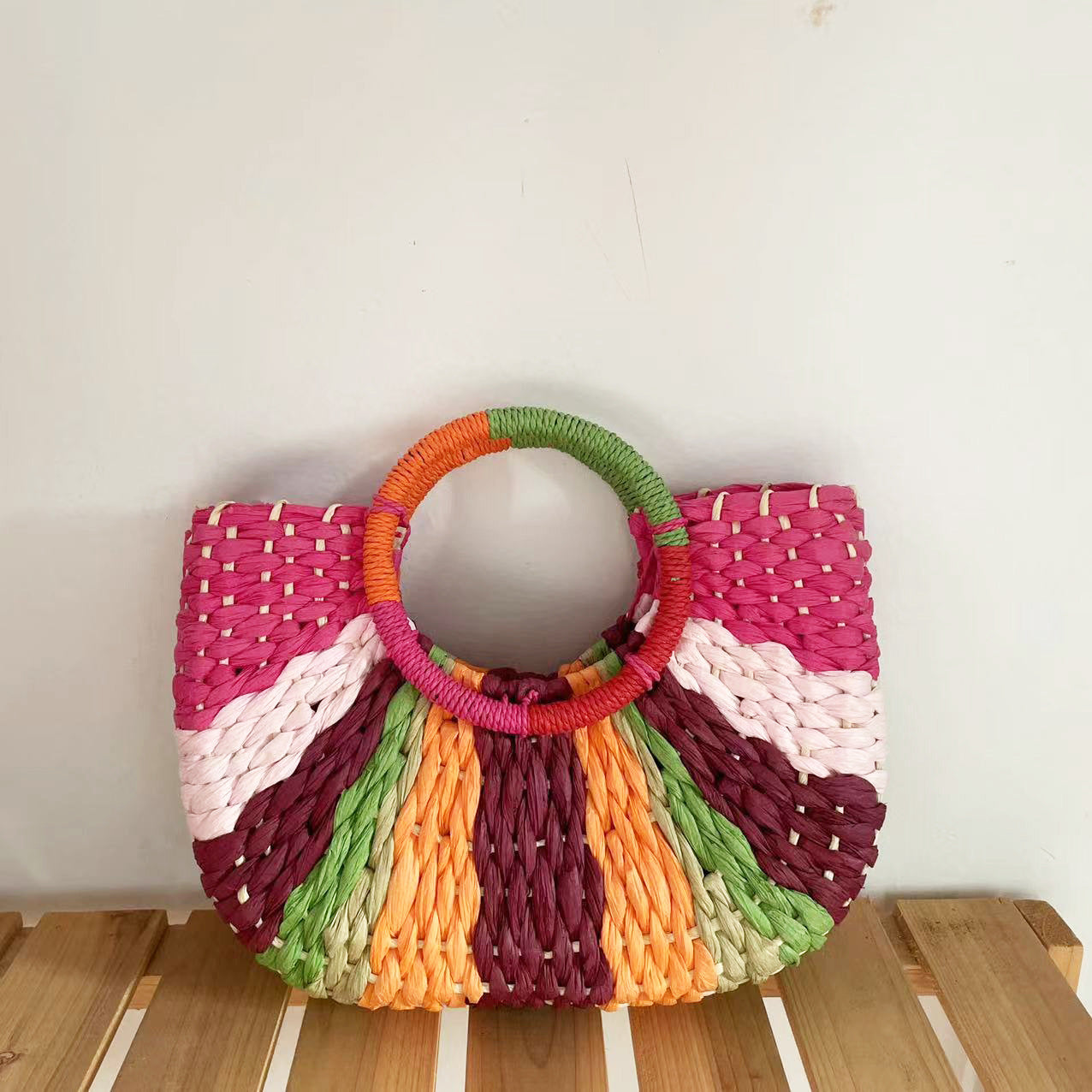 Color Contrast Moon Woven Straw Bag