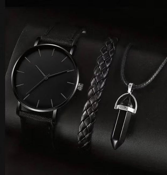 Men's Disc Watch With Rectangle And Beads Bracelet Three-piece Set