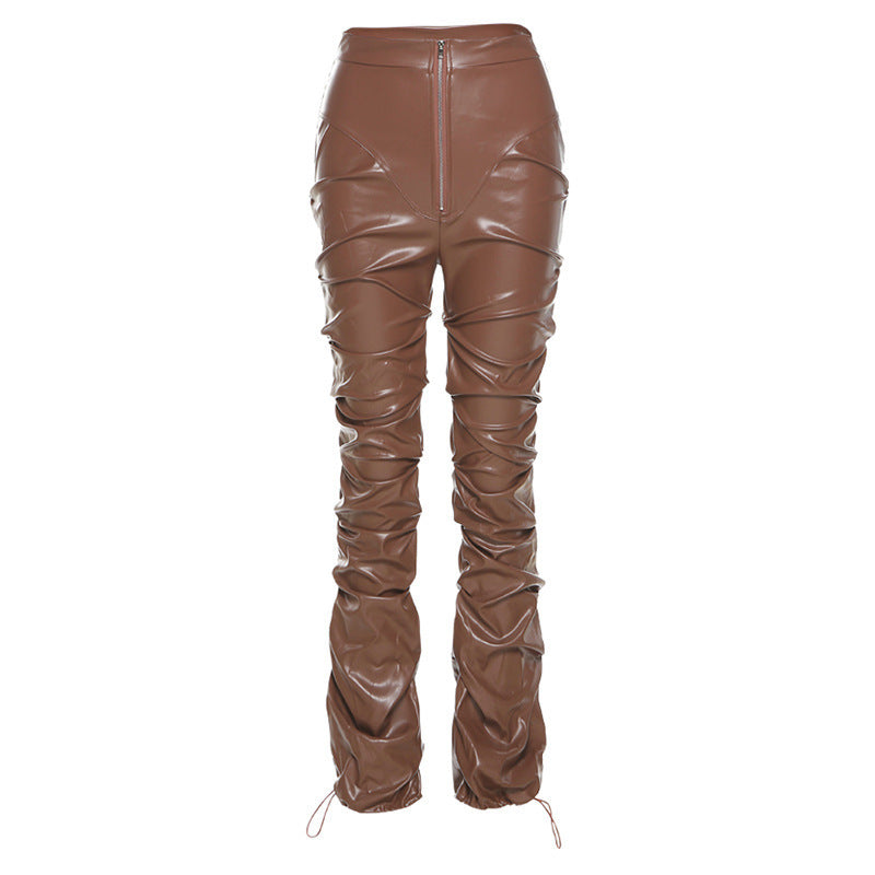 Women's High Waist Bag Hip Street Style Fashion Casual Pu Leather Trousers