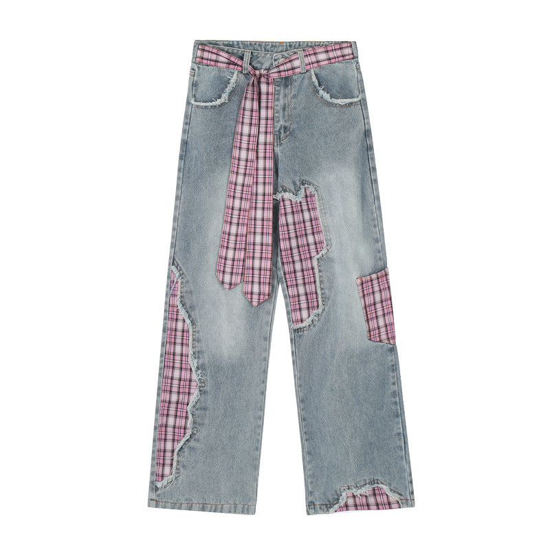 Design Frayed Plaid Stitching Jeans