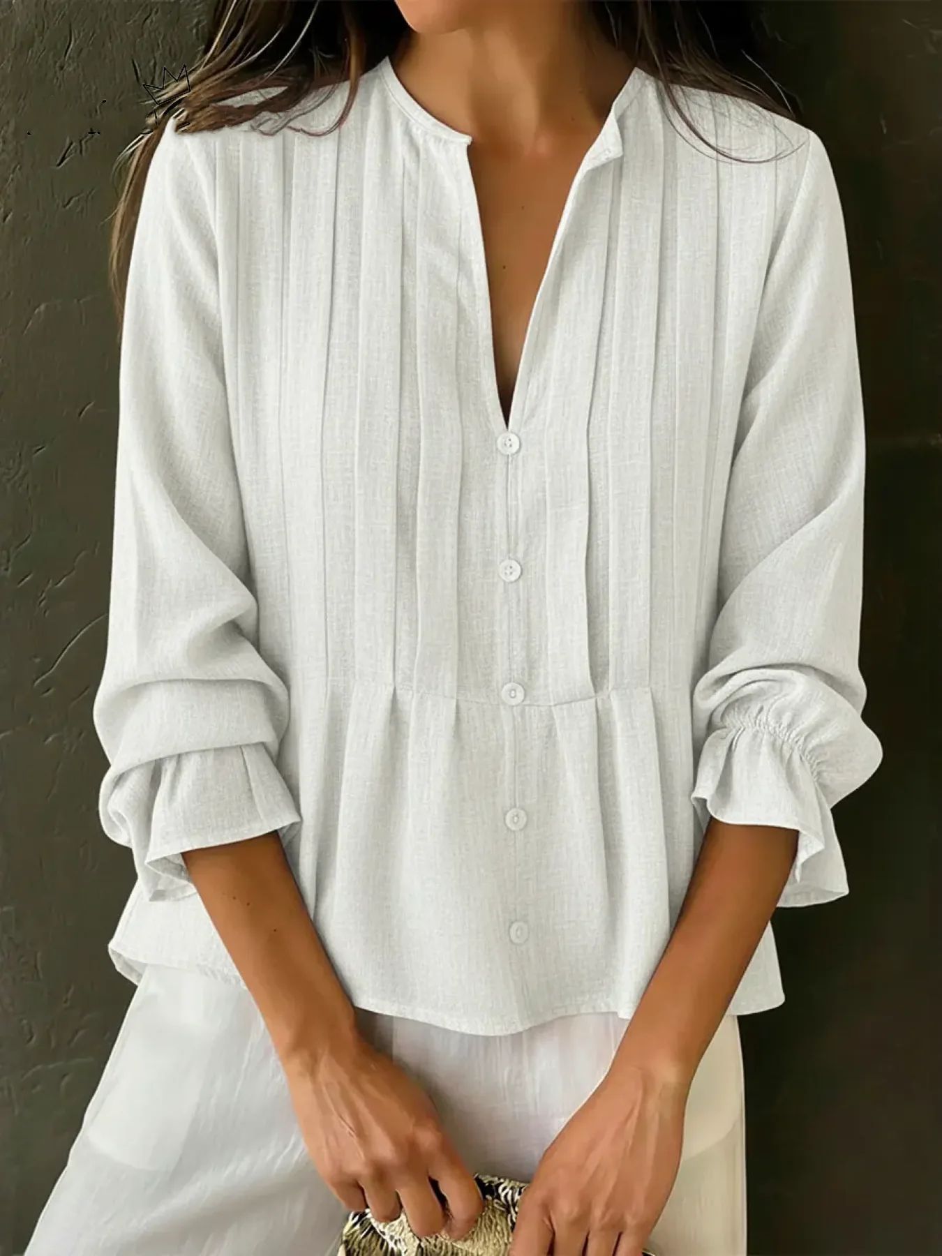 Casual Solid-color V-neck Long-sleeve Striped Cotton-linen Top
