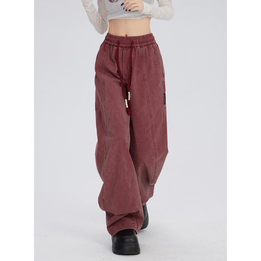 Retro Washed Distressed Drawstring Elastic Waist Jeans
