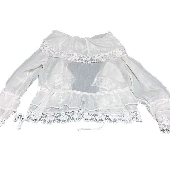 Sweet Beauty Summer Ruffles Lace Stitching Large Lapel Short Waist
