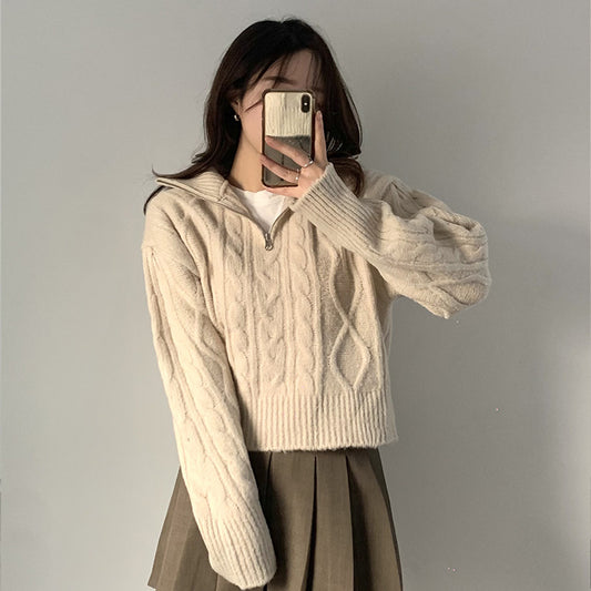 Korean-style Half-turtleneck Twist Twisted Half-zip Collar Knitted Top