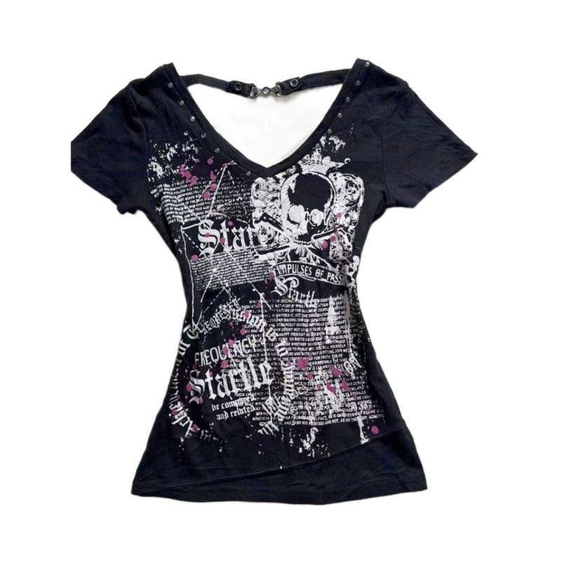 American Retro Trendy Rivet V-Neck Slim-Fit Short Sleeve