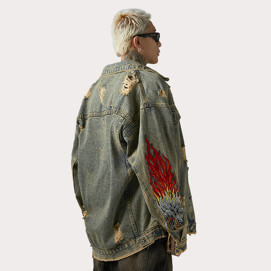 Faucet Zodiac Needle Embroidery Denim Jacket Men's High Street National Fashion Design Sense Ripped Jacket