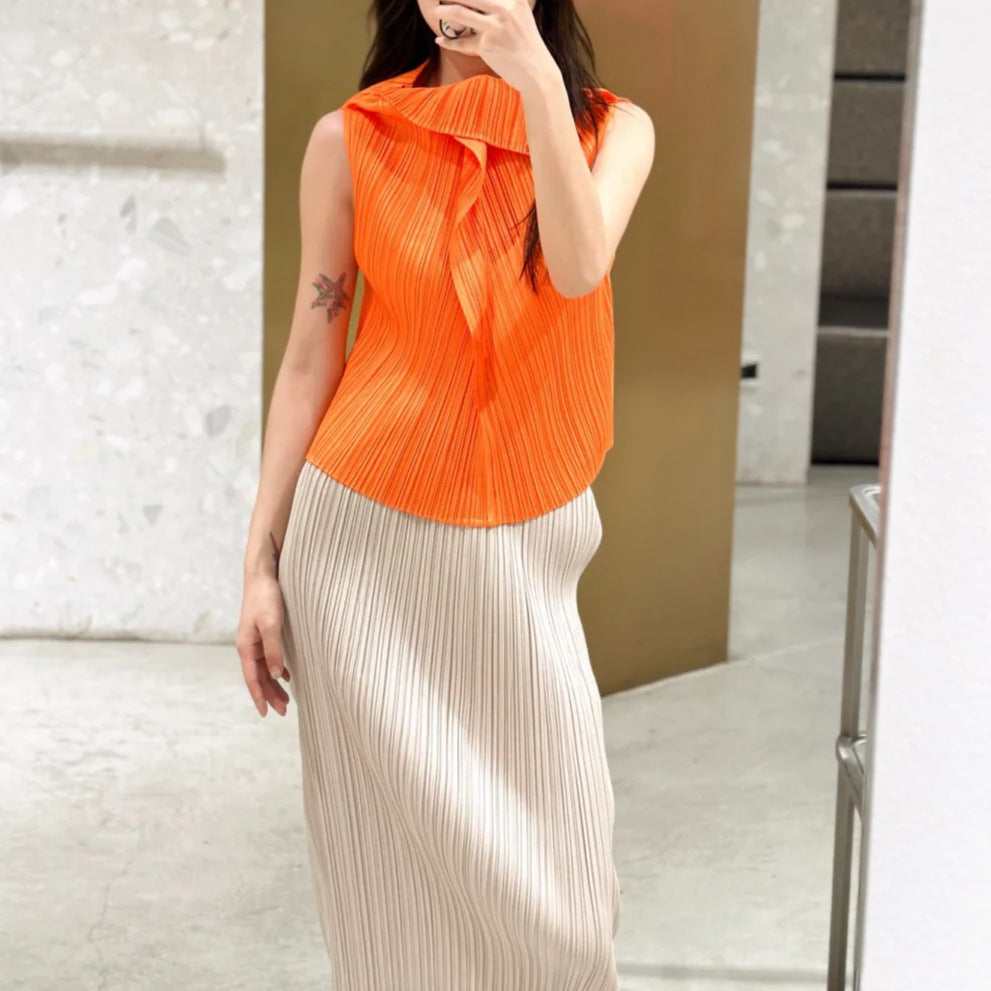 Women's Pleated Solid Color Top Casual And Comfortable V-neck Sleeveless T-shirt