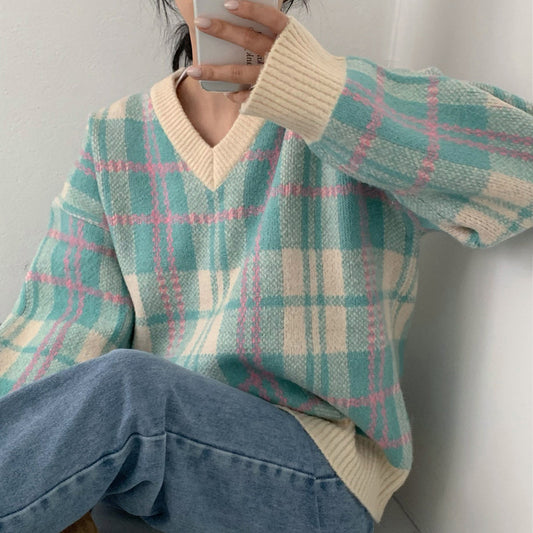 Retro Loose Plaid Striped V-neck Pullover Bandage Dress Knitwear Top