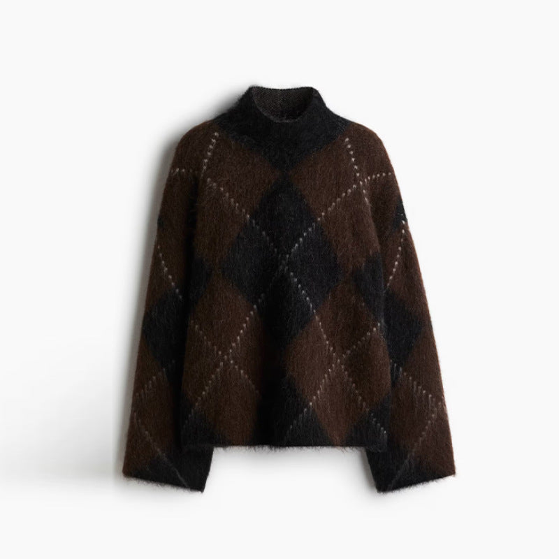 Dame Turtleneck Sweater Langærmet Diamantternet Strik