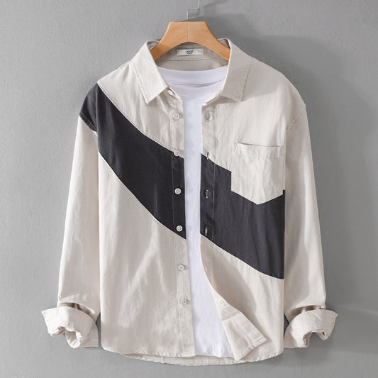 Men's Clothing Leather Stitching Long-sleeved Shirt