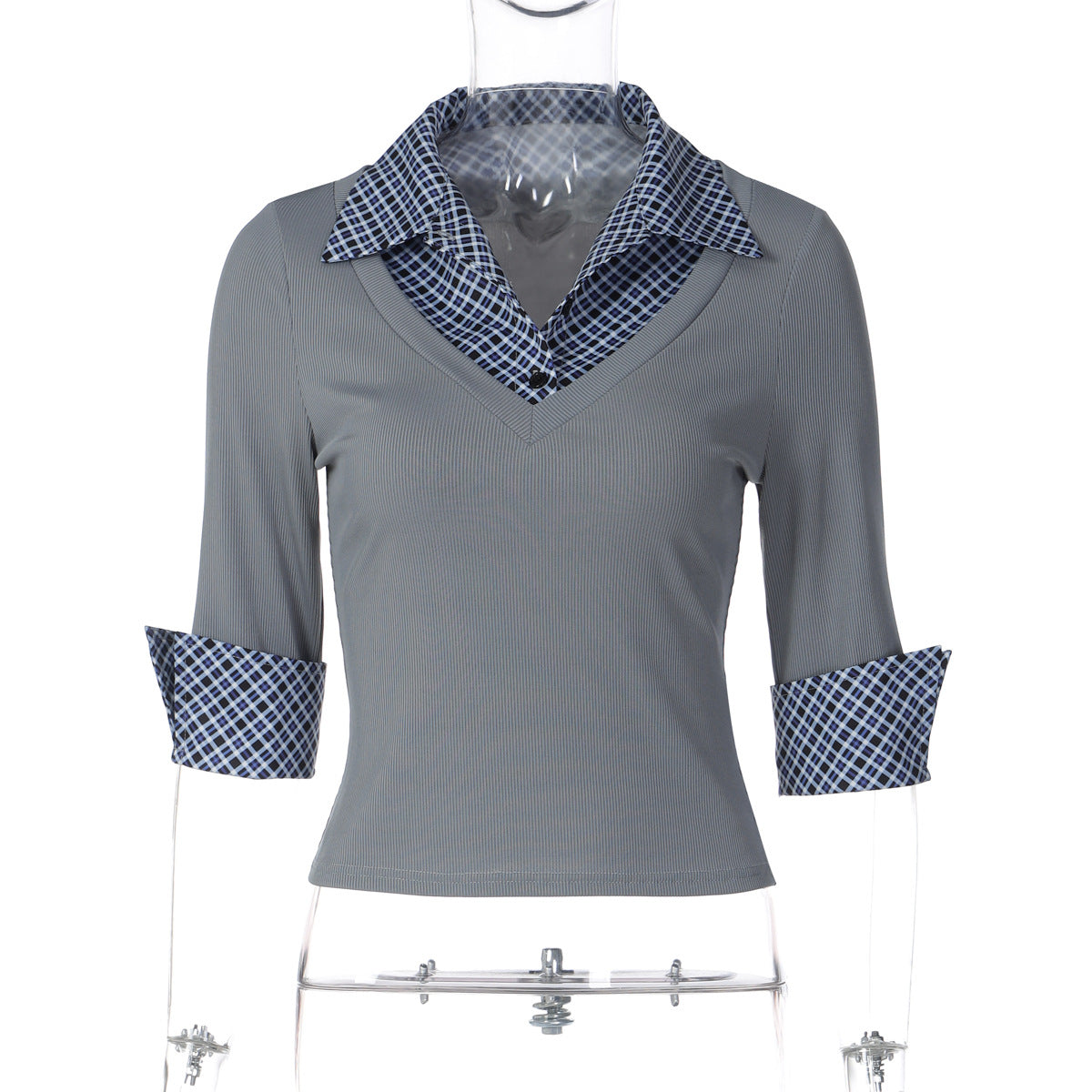 Women's Fashionable Plaid Patchwork Polo-neck Long-sleeve Top