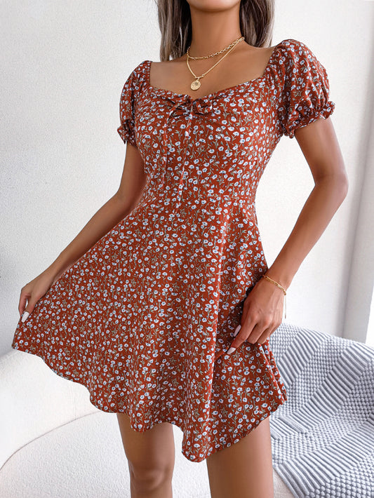 Women Casual Bell Sleeve Drawstring Tie Flowy Floral Print Dress