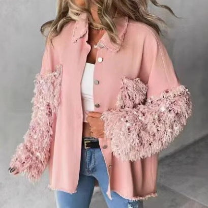Loose Casual Sequin Denim Tassel Shirt Coat