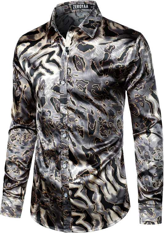 Men'S Luxury Shiny Silk like Satin Button up Dress Shirts