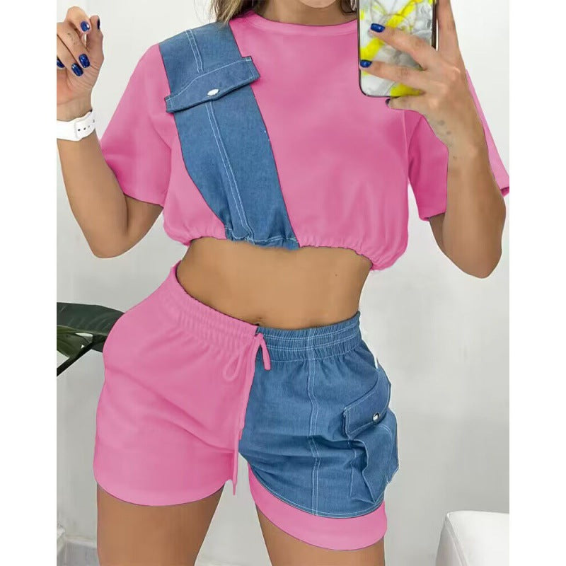 Summer New Women's Denim Stitching Suit
