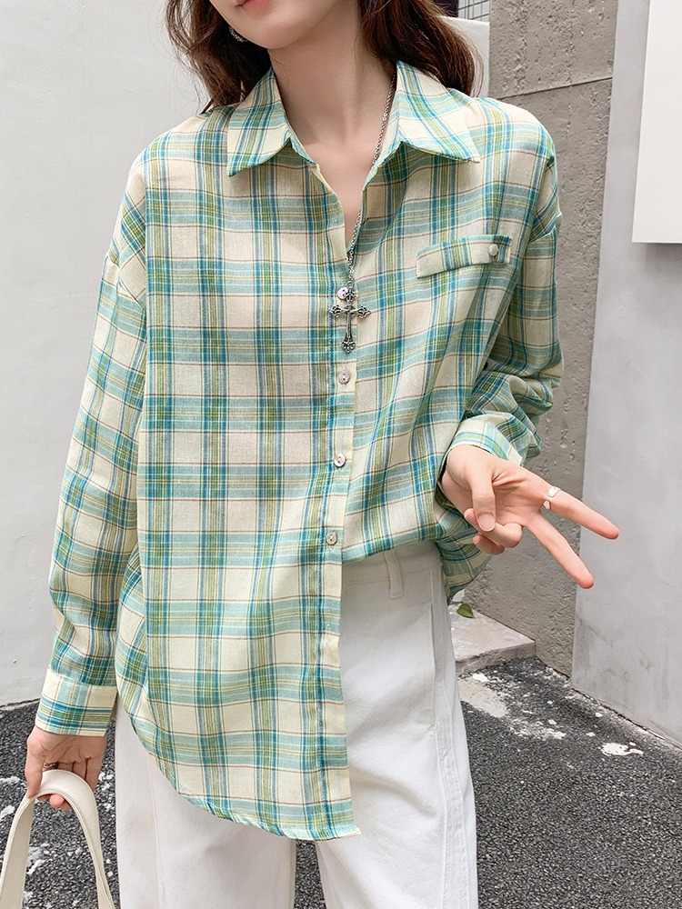 Green Plaid Sunscreen Shirt Coat Female Loose Long Sleeve Top
