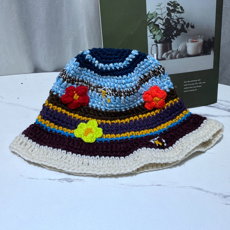 Design Retro Hand-woven Color-block Flower Bucket Hat