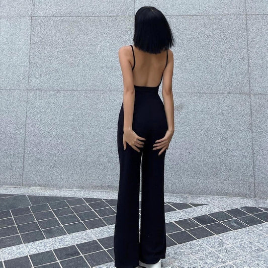 Ins European And American New Solid Slim Back Slim Jumpsuit