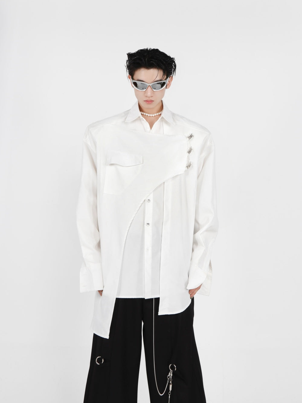 Double-layer Design Metal Embellished Long Sleeve Padded Shoulder Shirt