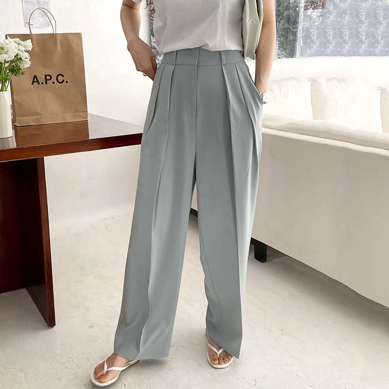 High Waist Pleated Design Loose Casual Drape Straight Wide Leg Suit Pants