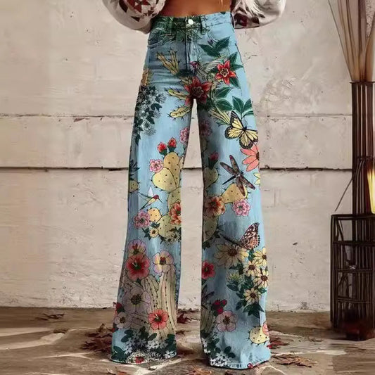 Mode Dametrykte Højtaljede Løse Tynde Imitation Denim Brede Ben Bukser
