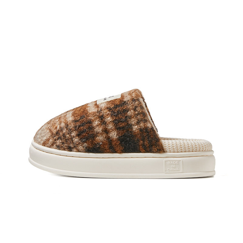 Winter Home Warm Antibacterial Retro Plaid Fleece-lined Thick Slippers