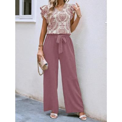 Fashionable Temperament V-neck Floral Top Belt Wide Leg Pants Suit