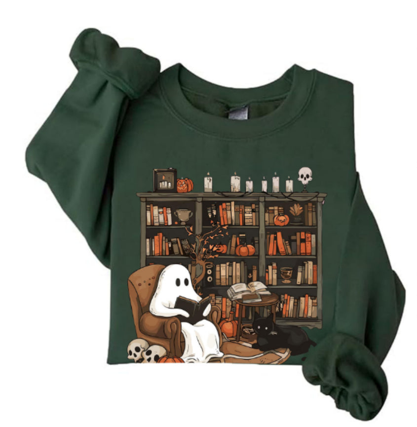 Printed Bookshelf Ghost Black Cat Round Neck Sweater