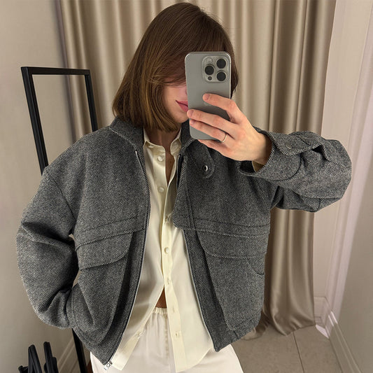 Stand-up Collar Jacket Zipper Top With Pockets Loose Woolen Coat
