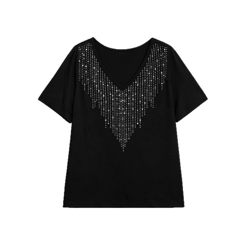 Fashion Slim-fit Casual Comfortable Versatile Black V-neck Diamond-encrusted T-shirt