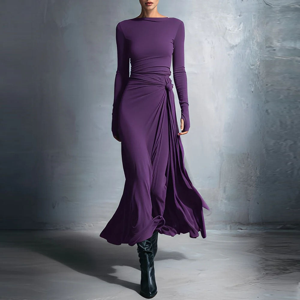 Solid Color Elegant Wrap Long Dress With Bow Detail
