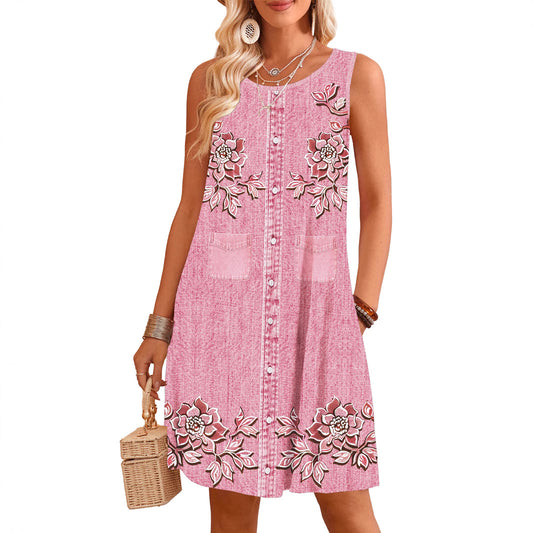 Sleeveless Straight-cut Loose-fitting Digital-print Slip Dress