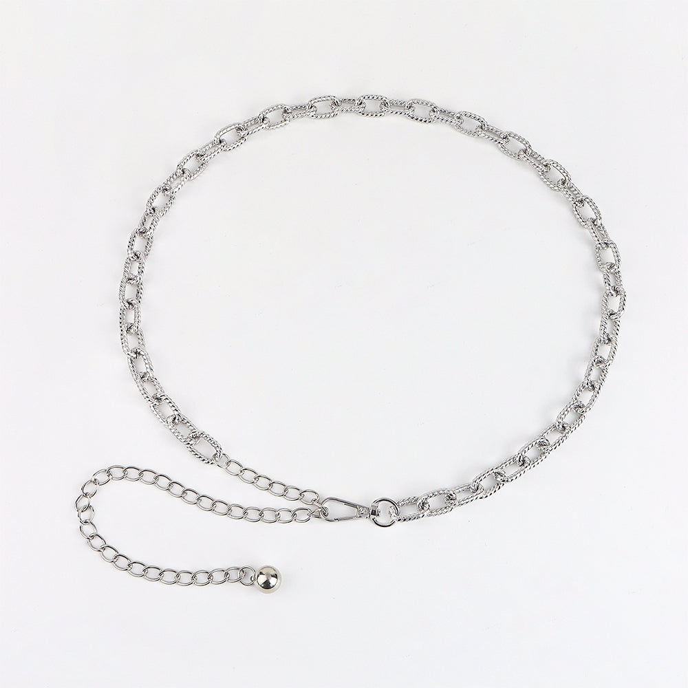 Metallic Silver Retro Ladies Personality Waist Chain Cold Style European And American Temperament Body Chain High Sense Texture Waist Accessories