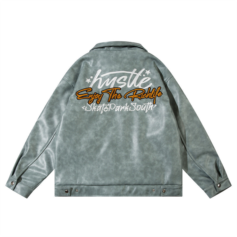 American-style Old Embroidery Letters Loose Leather Coat Men