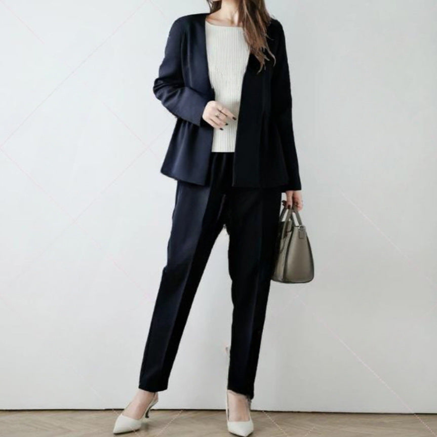 Fashionable Ruffle-Trimmed Suit With A Collarless Blazer And Long Sleeves