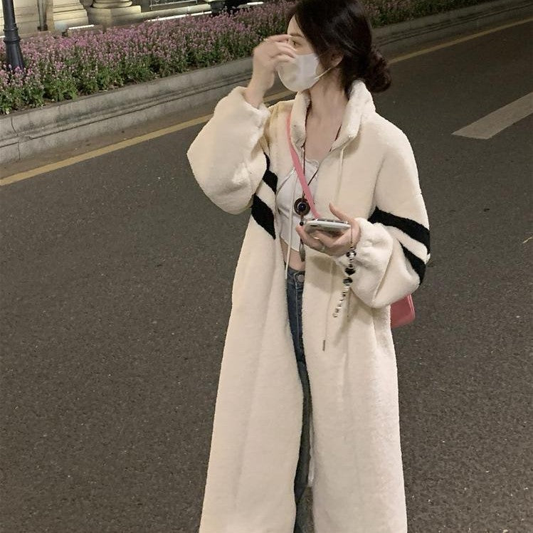 Women's Black Patchwork Lambswool Long Velvet Coat